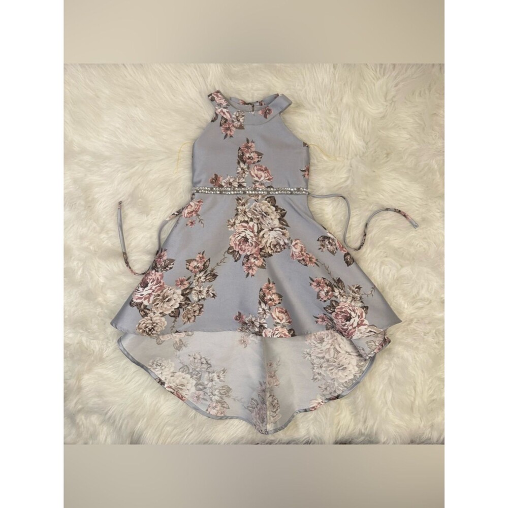 Speechless Girls Light Blue Floral High-Low Dress with Pink Accents - Picture 2 of 14